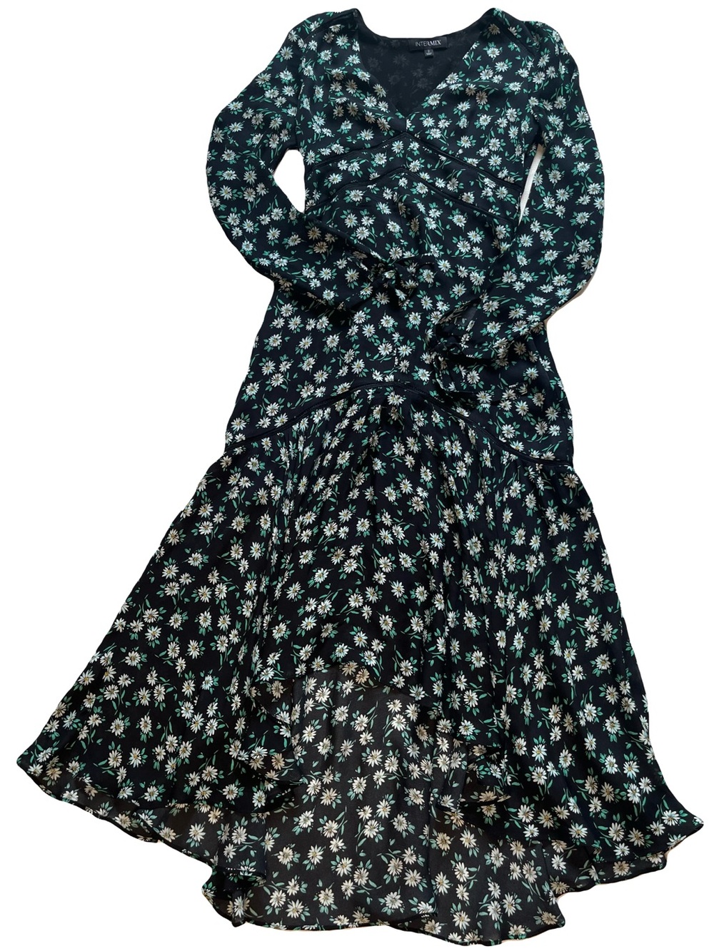 Intermix Black Daisy Floral Maxi Dress Ruffle Cottagecore Romantic Garden Party